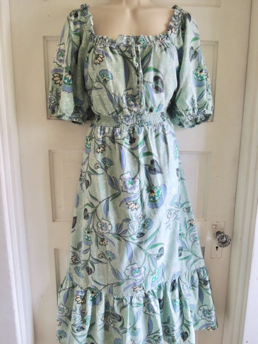 LOFT Green Floral Puff Sleeve Smock Waist Ruffle Hem Cottagecore Dress L